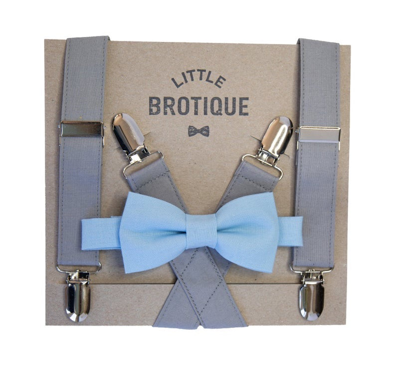 light blue bow tie and suspenders